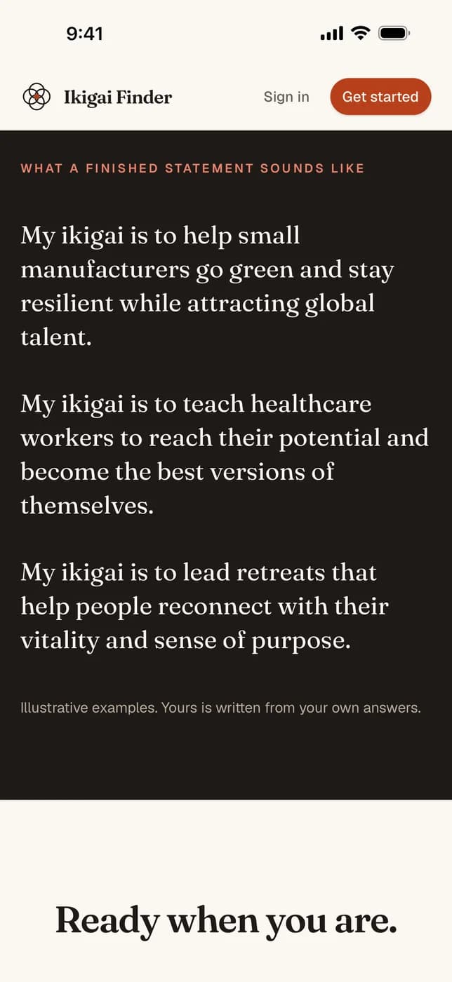 Ikigai Finder — example ikigai statements