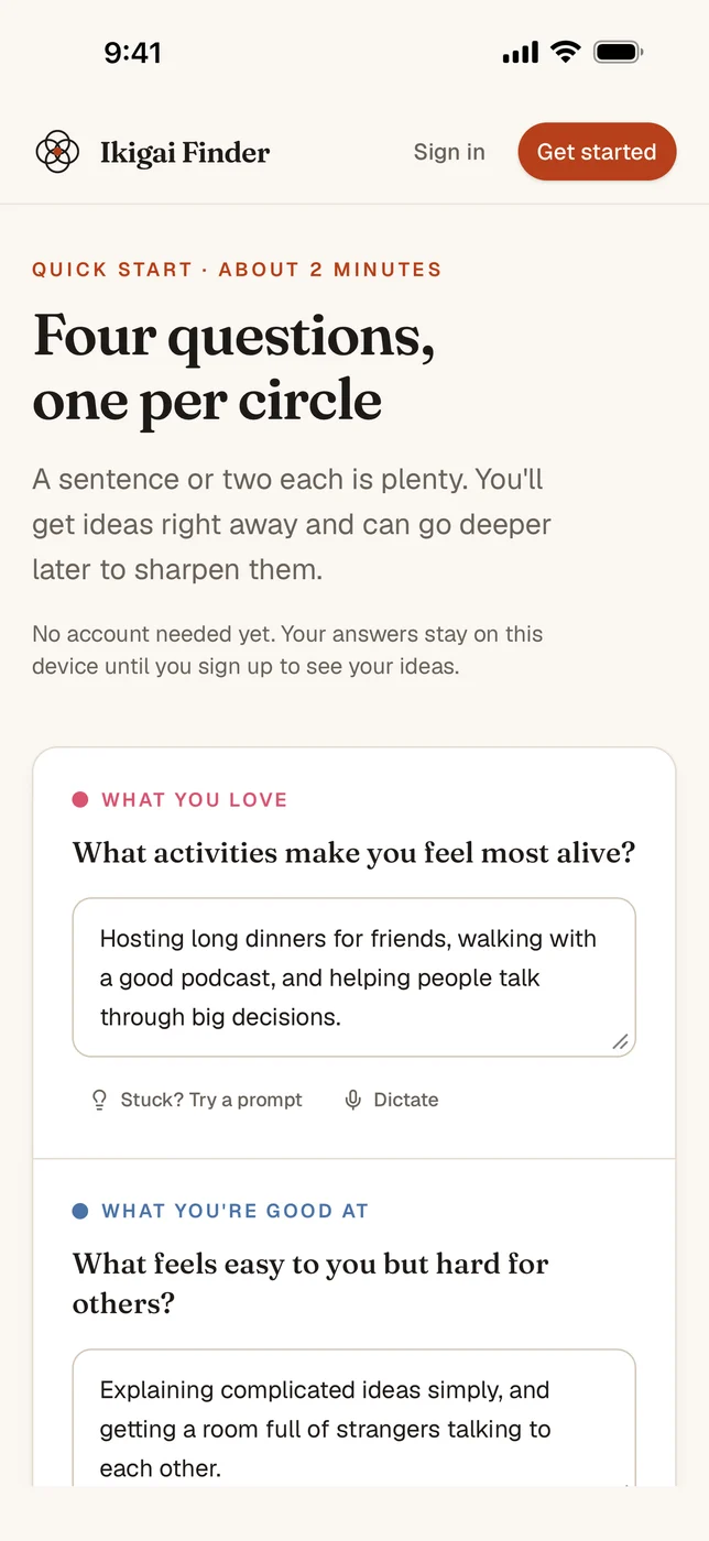 Ikigai Finder — four questions one per circle